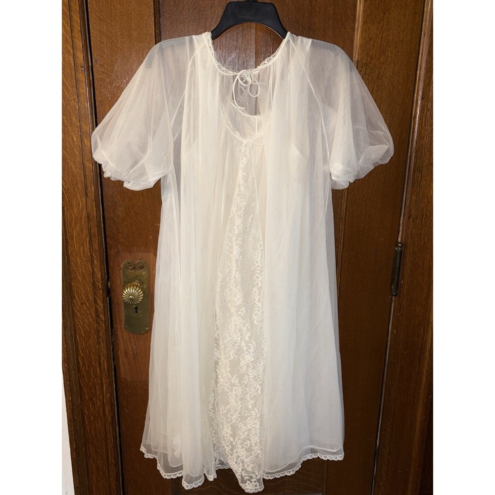 Vintage Peignoir Nightgown Set Womens S Cream Van Raalte Sheer Lace Bridal Robe